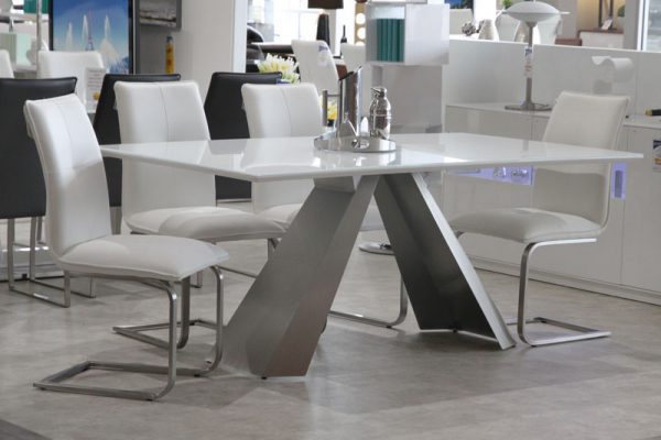 White Glass Dining Table Anastasia Table Mobler Furniture Edmonton   2117brushed Store Shot E1560367612168 