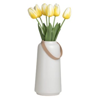 White ceramic flower vase with leather handle, Alberta CA